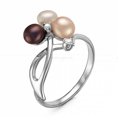 Кольцо из серебра с розовой, белой и черной жемчужинами 4,5-6 мм. Артикул 10987