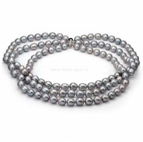 Ожерелье в 3 ряда из серого рисообразного речного жемчуга 10-11 мм. Артикул 8670