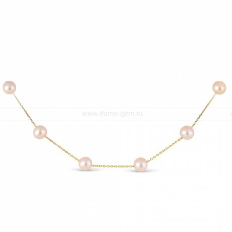 Цепочка из желтого золота с розовыми морскими жемчужинами 7-7,5 мм. Артикул 9104