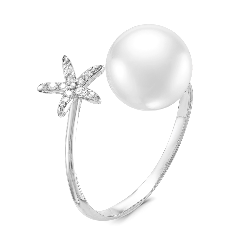 Двойное кольцо "Dior" из серебра 925 пробы с белой жемчужиной 9,5-10 мм. Артикул 9436