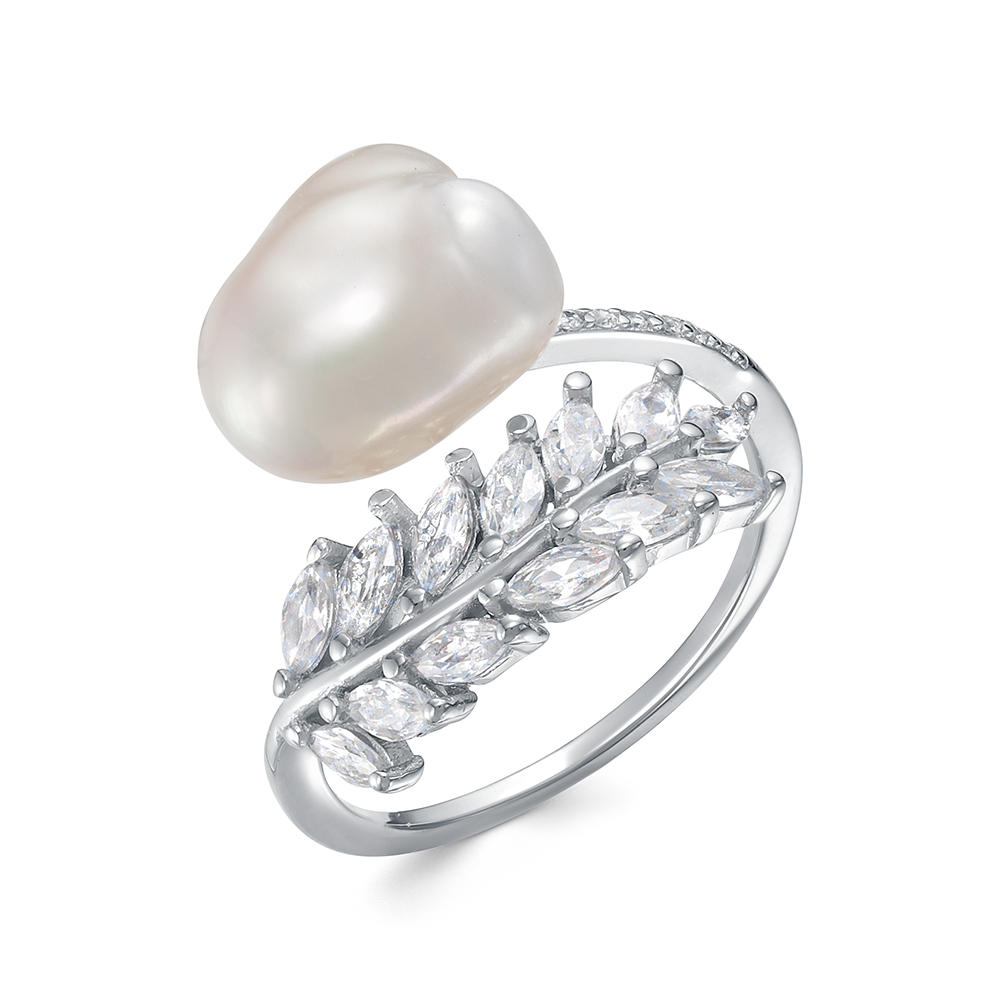 Кольцо из серебра 925 пробы с белой барочной жемчужиной 10-11 мм. Артикул 11117