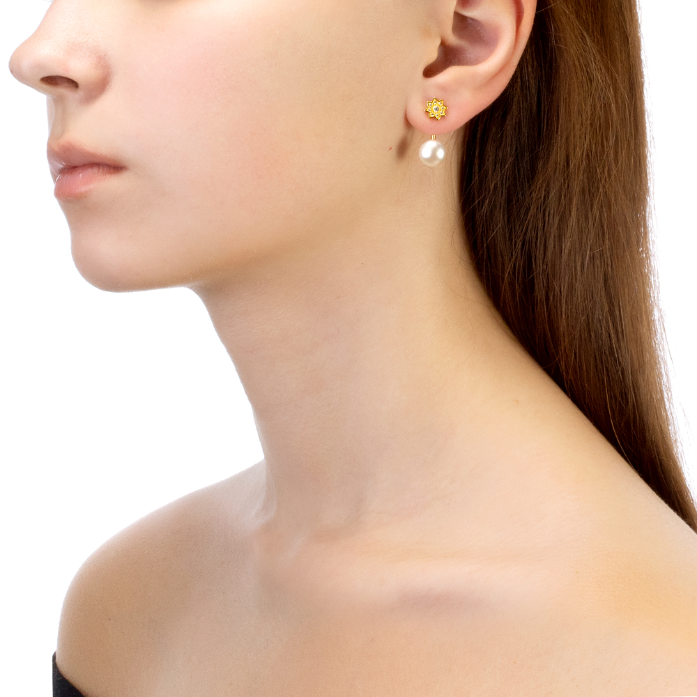 Двойные пусеты "Dior" из серебра с белыми жемчужинами 8,5-9 мм. Артикул 11622 Двойные пусеты "Dior" из серебра с белыми жемчужинами 8,5-9 мм. Артикул 11622