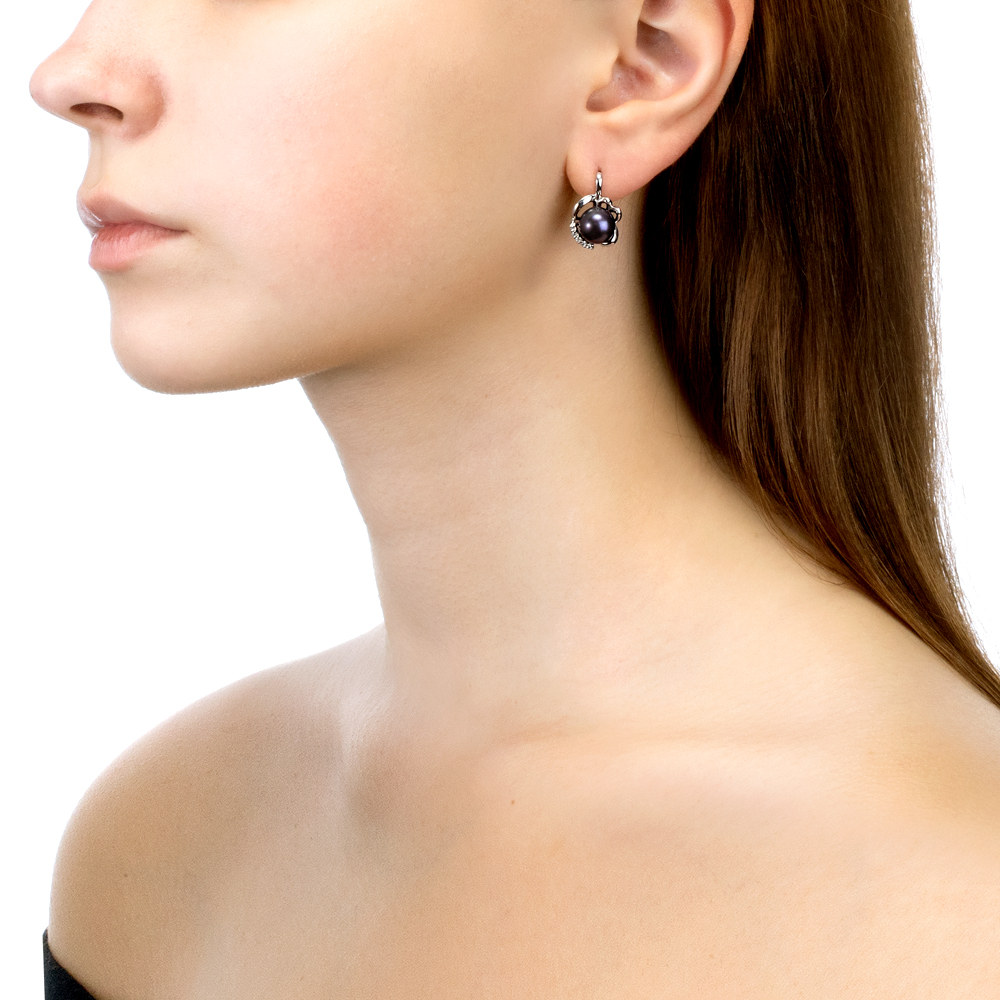 Серьги из серебра с черными жемчужинами 8,5-9 мм. Артикул 11341