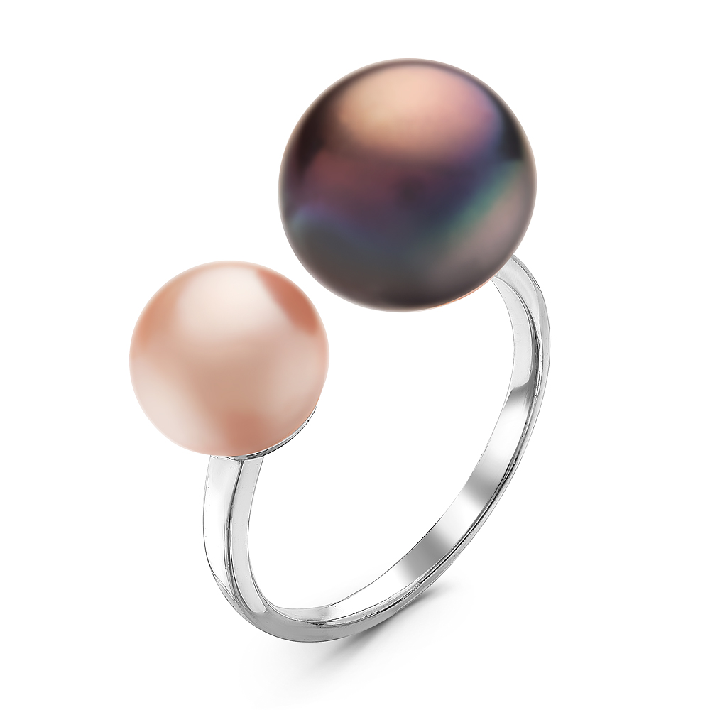 Двойное кольцо "Dior" из серебра 925 пробы с черной и розовой жемчужиной 7-10 мм. Артикул 10899
