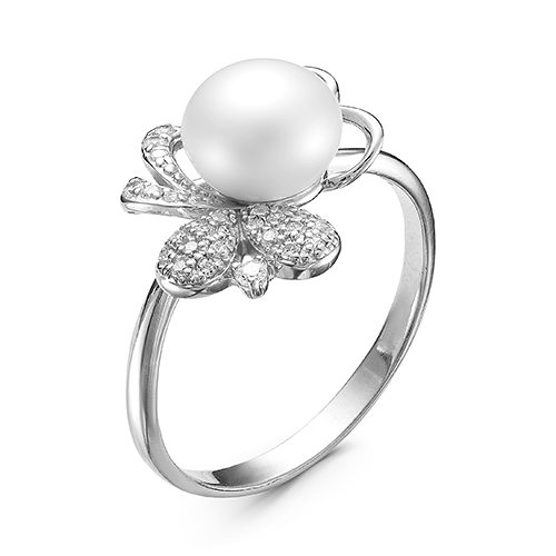 Кольцо из серебра 925 пробы с белой жемчужиной 7,5-8 мм. Артикул 9857