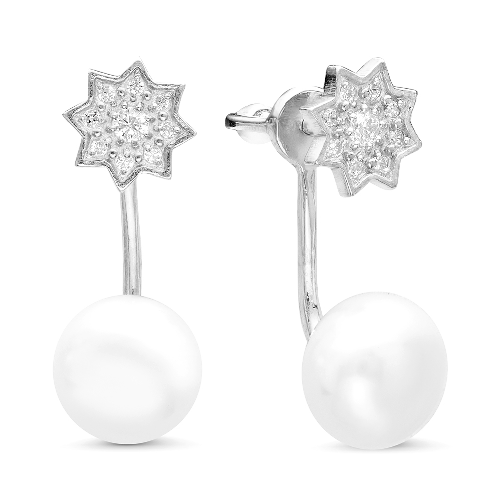 Двойные пусеты "Dior" из серебра с белыми жемчужинами 8,5-9 мм. Артикул 11621