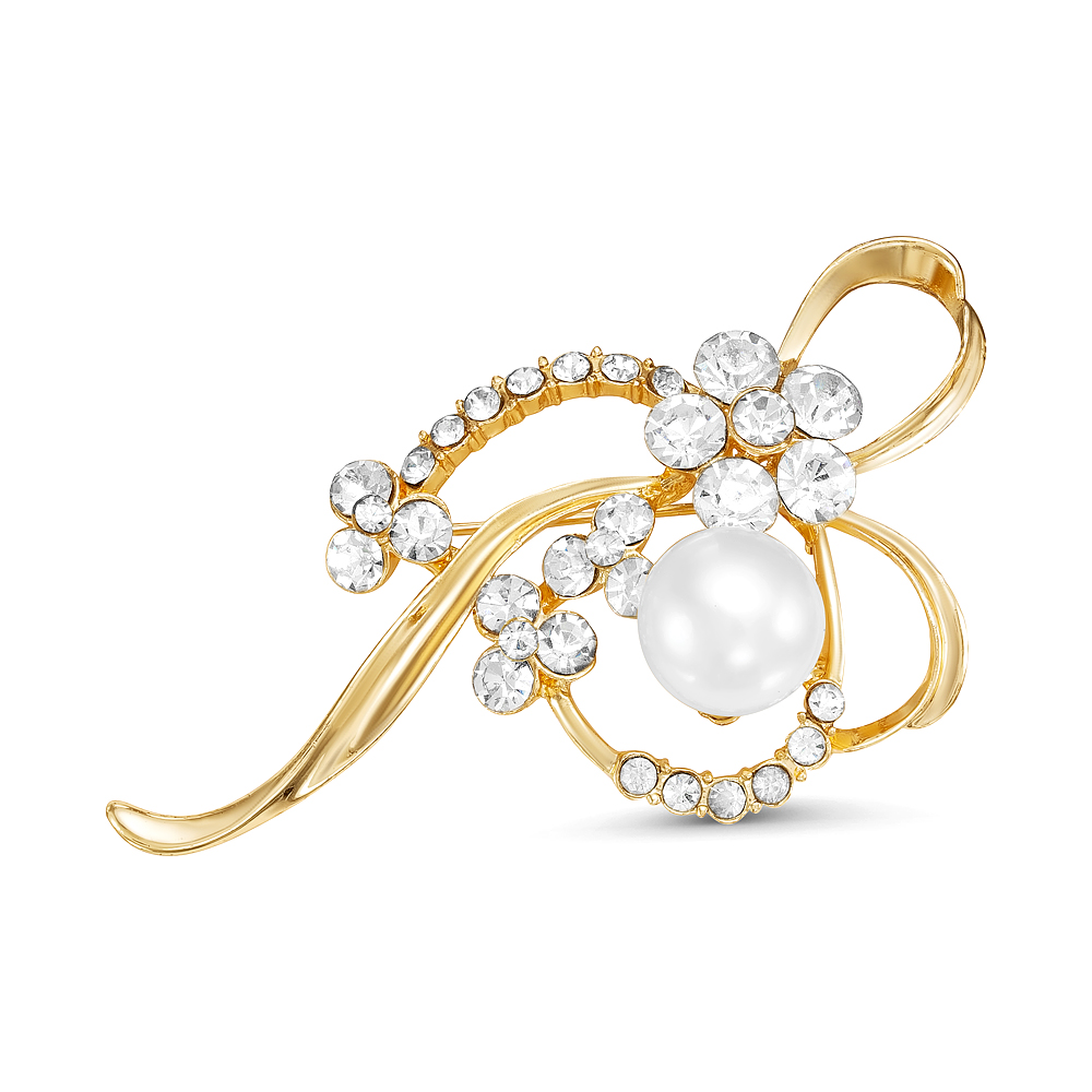 Брошь из сплава с белой речной жемчужиной 11 мм. Артикул 12144
