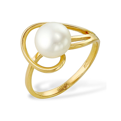 Кольцо из желтого золота 585 пробы с белой жемчужиной 7,5-8 мм. Артикул 11998