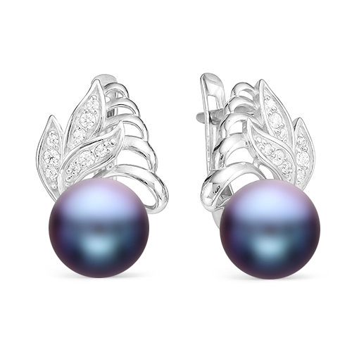 Серьги из серебра с черными жемчужинами 8,5-9 мм. Артикул 11757