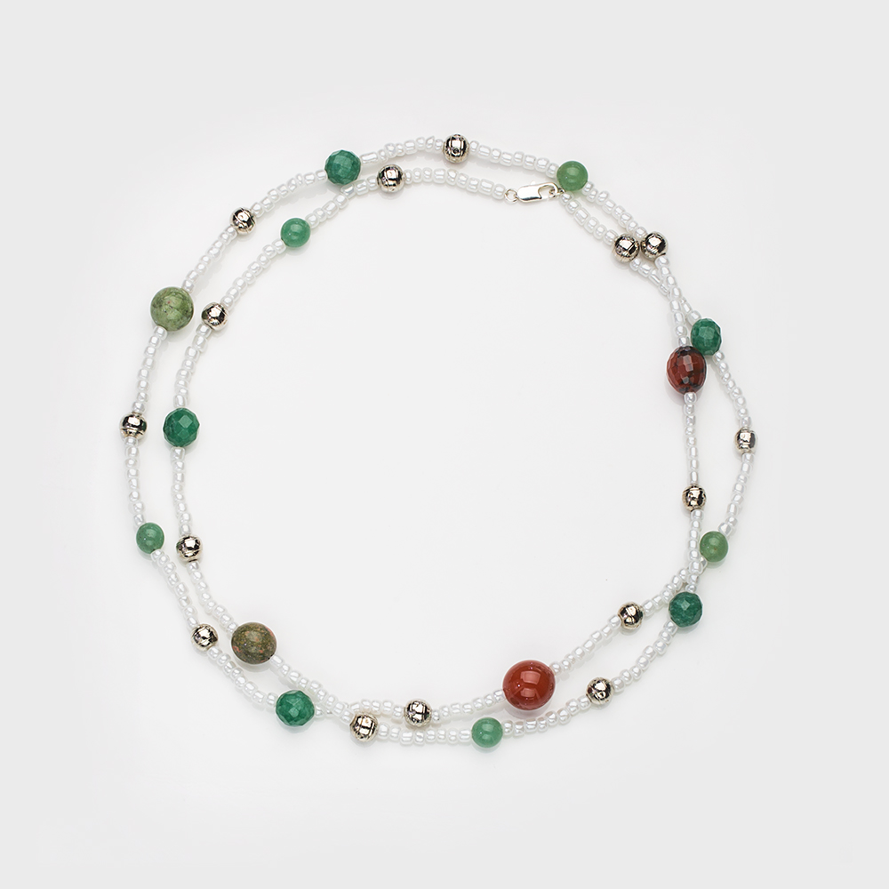 Бусы из яшмы, авантюрина, бисера со вставками из сплава. Артикул 12642