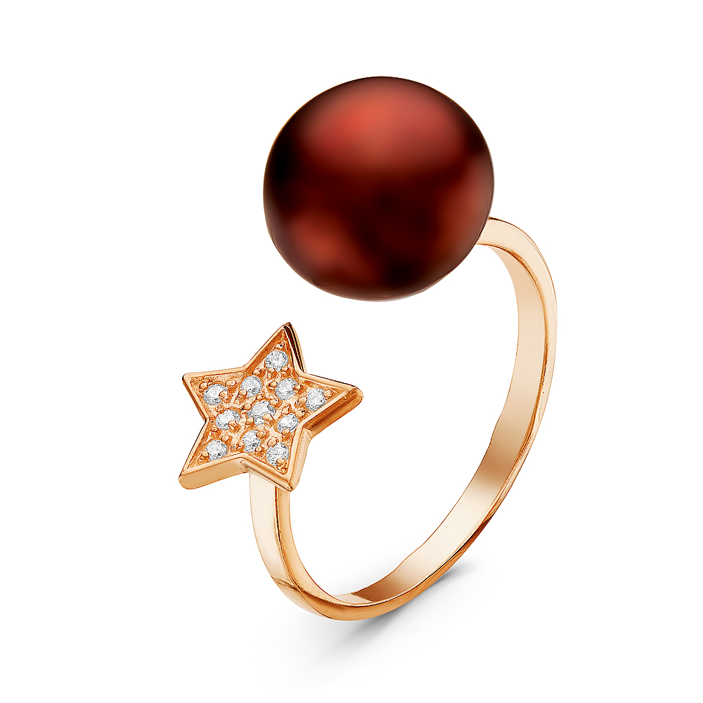 Двойное кольцо "Dior" из серебра 925 пробы с шоколадной жемчужиной 10-10,5 мм. Артикул 10888