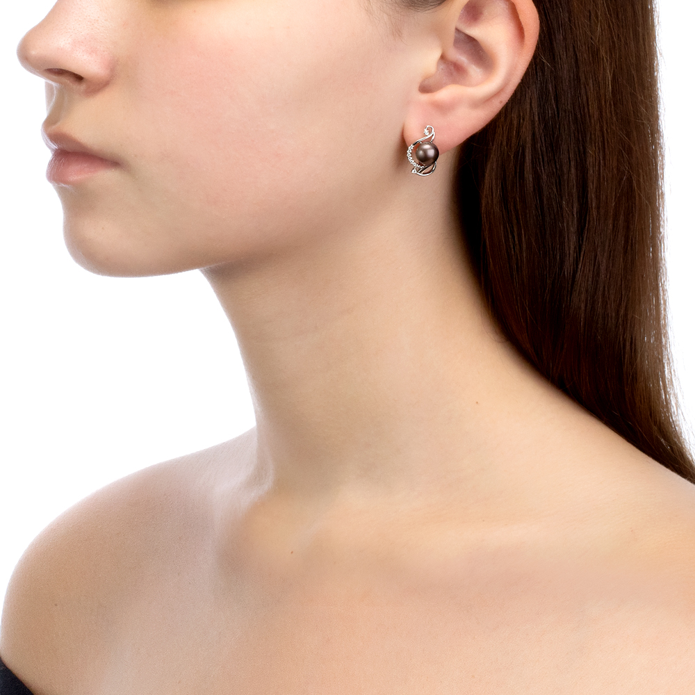 Серьги из серебра с черными жемчужинами 7,5-8 мм. Артикул 10789