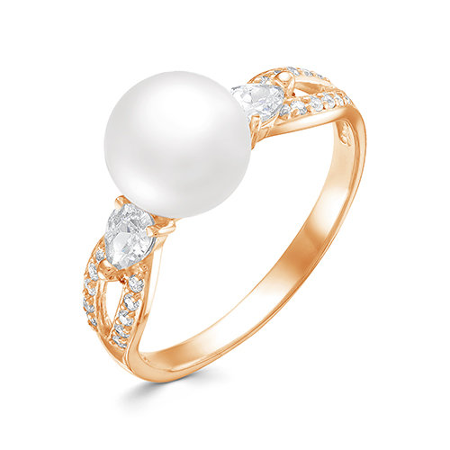 Кольцо из красного золота 585 пробы с белой жемчужиной 8,5-9 мм. Артикул 12054