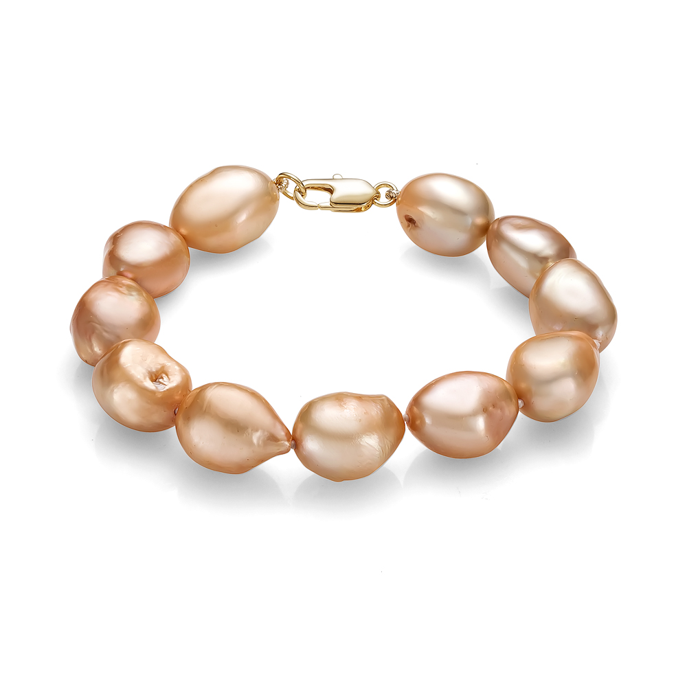 Браслет из золотистого барочного речного жемчуга 11-12 мм. Качество жемчуга высокое АА+. Артикул 9592