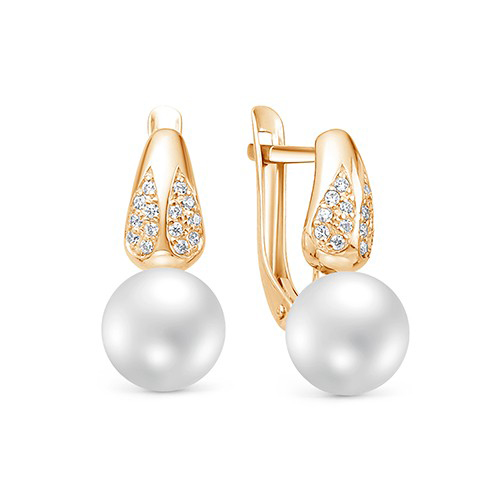 Серьги из желтого золота с белыми жемчужинами 8,5-9 мм. Артикул 9468