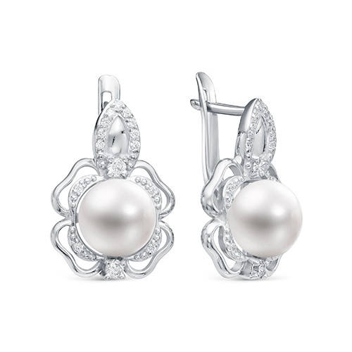 Серьги из серебра с белыми жемчужинами 8-8,5 мм. Артикул 12394