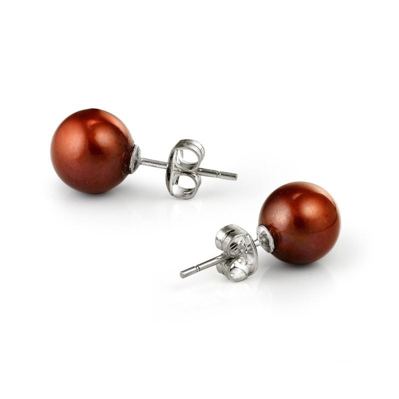 Пусеты из серебра с шоколадными жемчужинами 10-10,5 мм. Артикул 9373