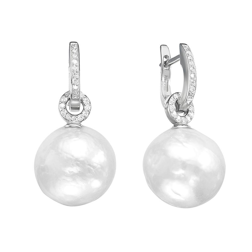 Серьги из серебра с японскими белыми жемчужинами 12,5-13 мм. Артикул 12225 Серьги из серебра с японскими белыми жемчужинами 12,5-13 мм. Артикул 12225
