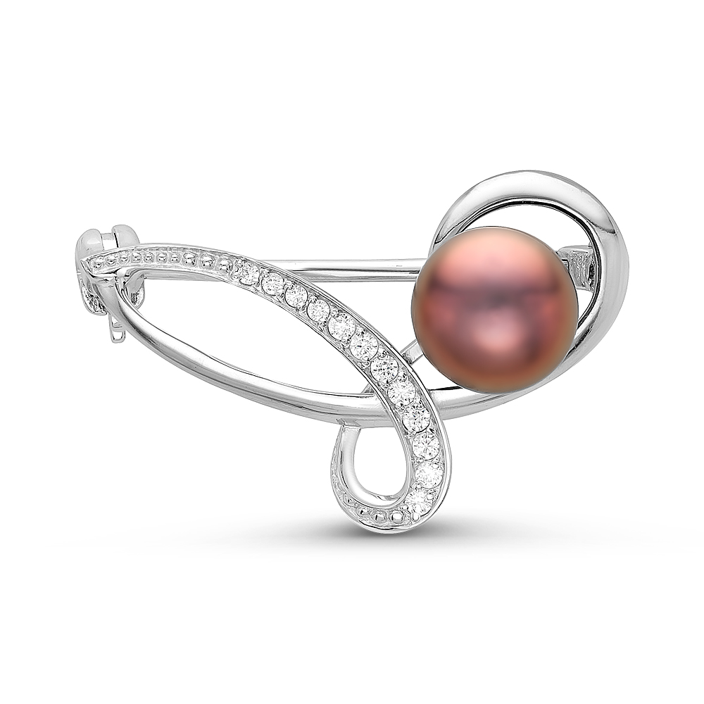 Брошь из серебра с черной речной жемчужиной 7,5-8 мм. Артикул 10908