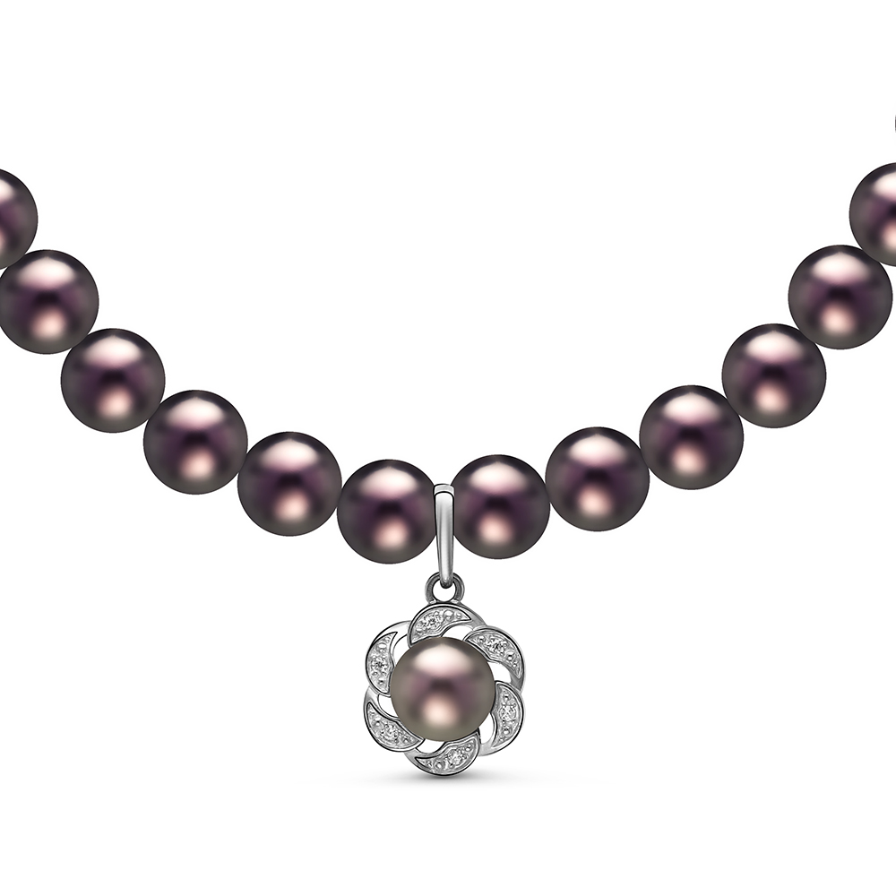 Ожерелье с кулоном из черного круглого речного жемчуга 7,5-8 мм. Качество жемчуга наивысшее ААА. Артикул 10963