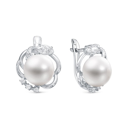 Серьги из серебра с белыми жемчужинами 8-8,5 мм. Артикул 10421