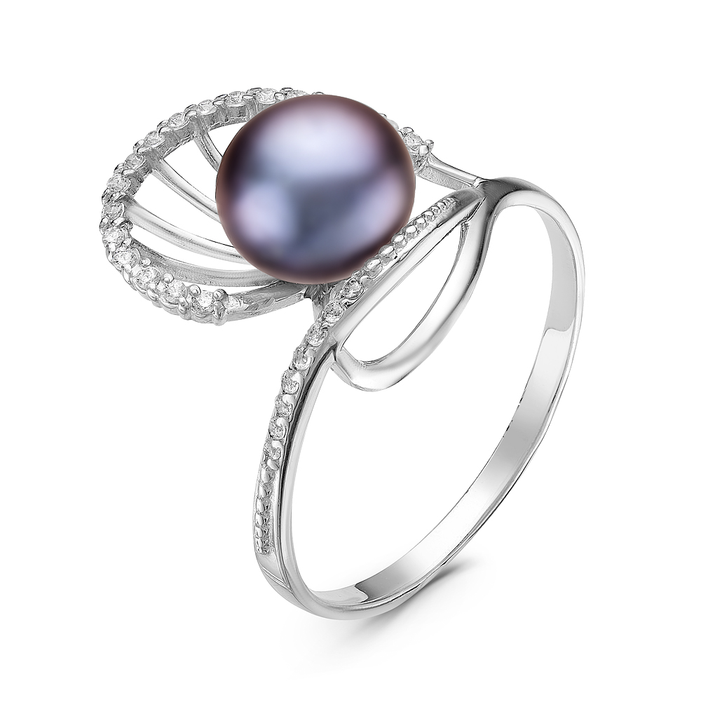 Кольцо из серебра 925 пробы с черной жемчужиной 7-7,5 мм. Артикул 10870