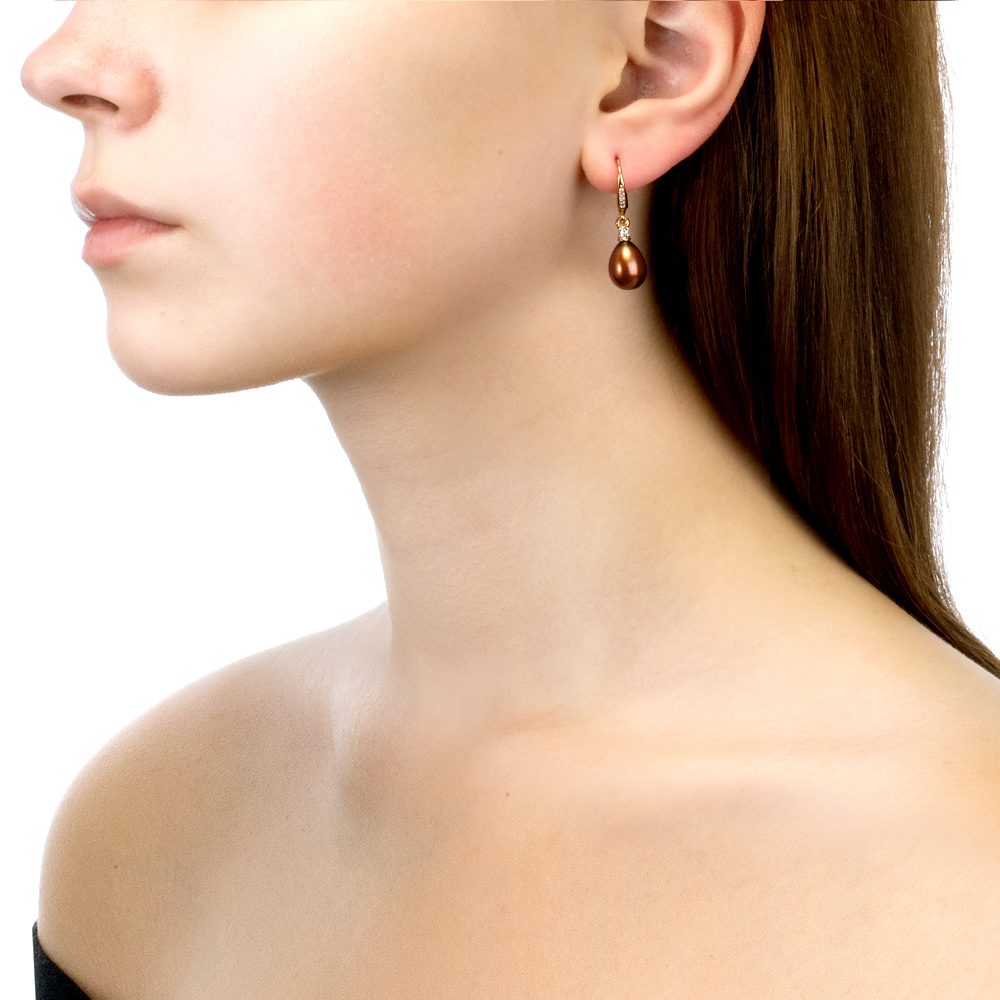 Серьги из серебра с шоколадными жемчужинами 8,5-9 мм. Артикул 11315