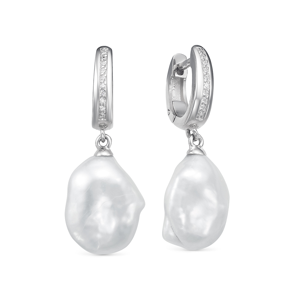 Серьги из серебра с белыми жемчужинами "барокко" 13-15 мм. Артикул 12433 Серьги из серебра с белыми жемчужинами "барокко" 13-15 мм. Артикул 12433