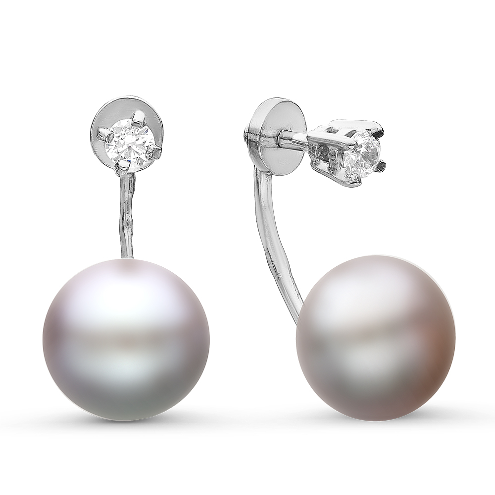 Двойные пусеты "Dior" из серебра с серыми жемчужинами 9-9,5 мм. Артикул 10776 Двойные пусеты "Dior" из серебра с серыми жемчужинами 9-9,5 мм. Артикул 10776