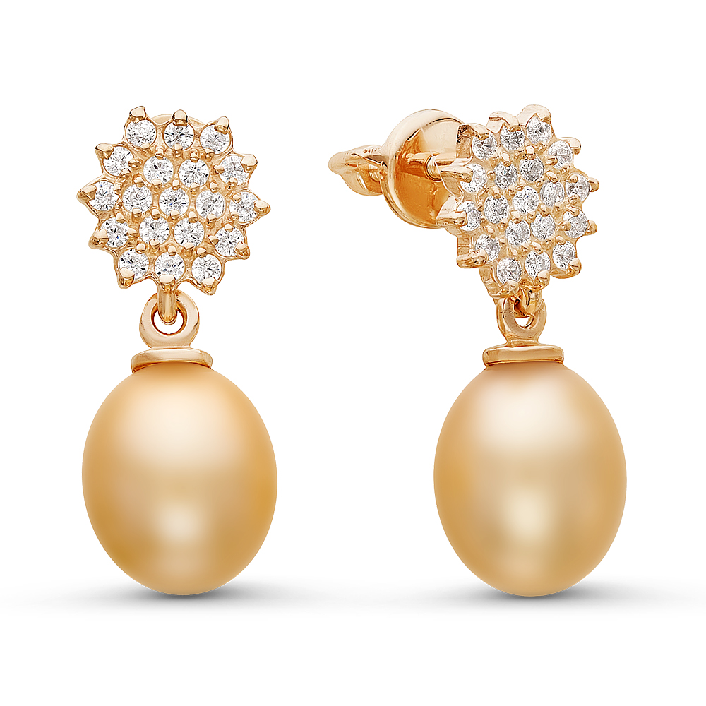 Серьги из серебра с золотистыми жемчужинами 8-8,5 мм. Артикул 10774
