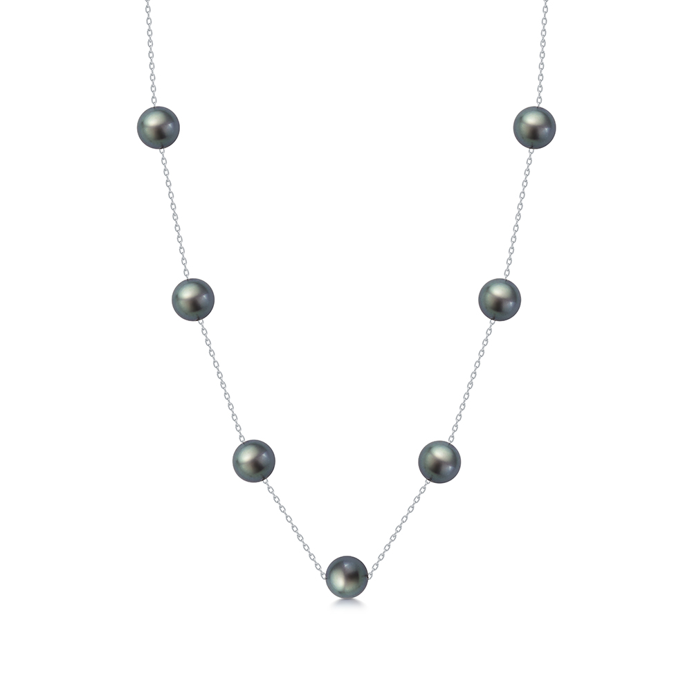 Цепочка из белого золота 585 пробы с черными жемчужинами Акойя 8,5-9 мм. Артикул 12604