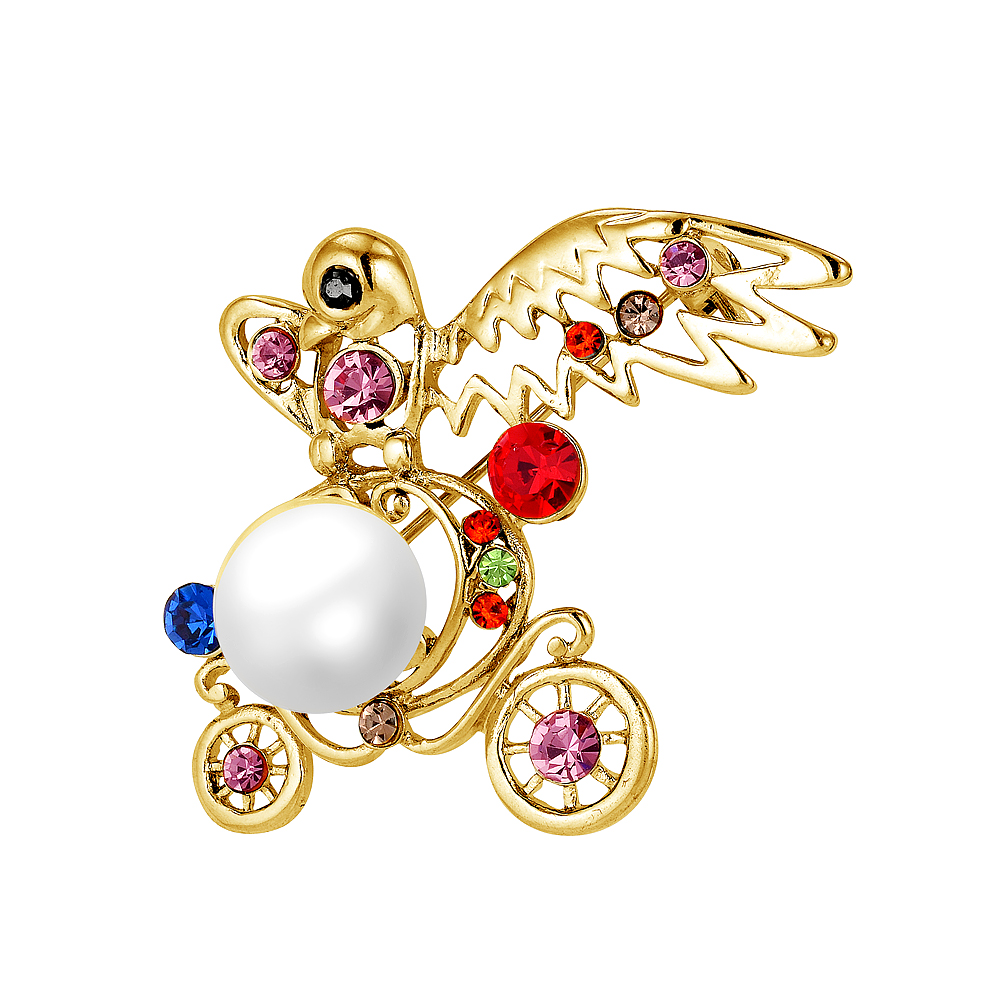 Брошь "Птица" из сплава с белой жемчужиной 10,5 мм. Артикул 12095