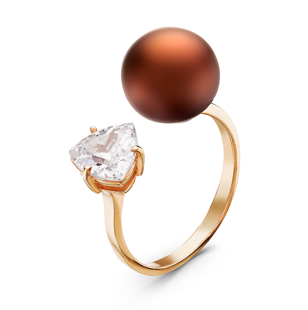 Двойное кольцо "Dior" из серебра 925 пробы с шоколадной жемчужиной 10-10,5 мм. Артикул 10867