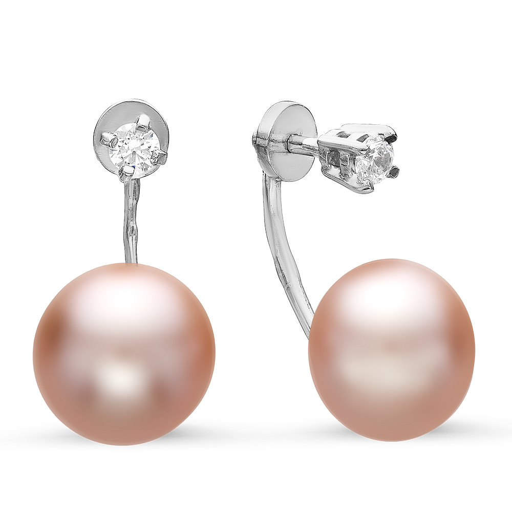 Двойные пусеты "Dior" из серебра с розовыми жемчужинами 9,5-10 мм. Артикул 10929