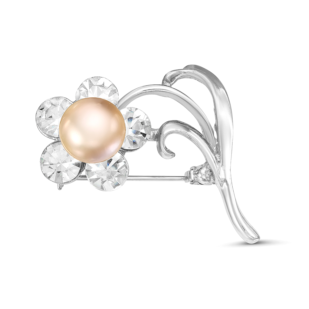 Брошь "Цветок" из сплава с розовой жемчужиной 10 мм. Артикул 12152