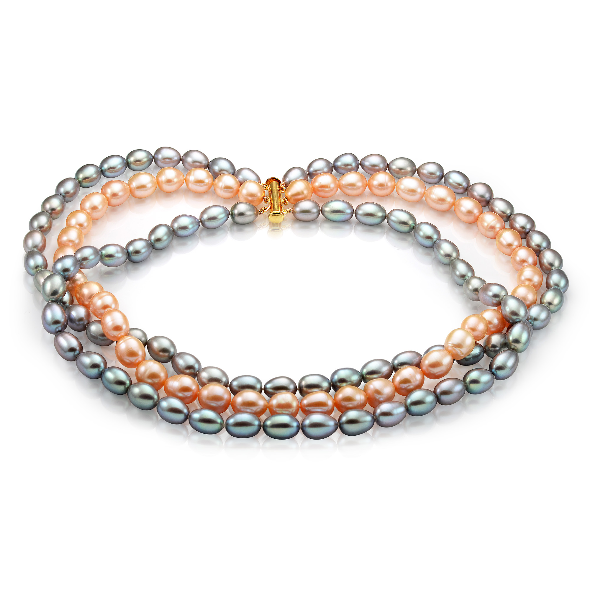 Ожерелье в 3 ряда из рисообразного жемчуга 10-11 мм. Качество жемчуга наивысшее ААА. Артикул 9382