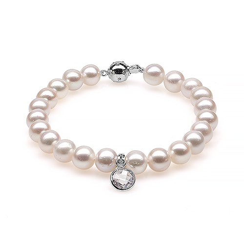 Браслет из белого жемчуга 7,5-8,5 мм с подвеской из серебра. Качество жемчуга наивысшее ААА. Артикул 10295