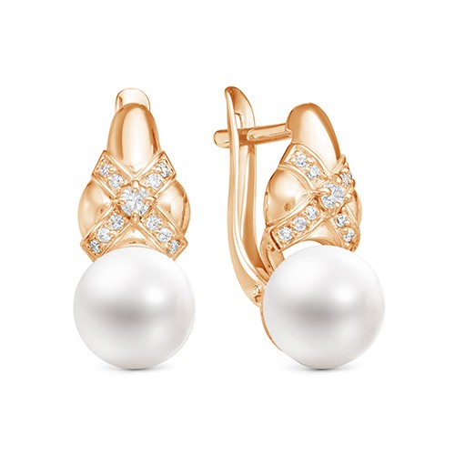 Серьги из красного золота с белыми жемчужинами 9,5-10 мм. Артикул 12775 Серьги из красного золота с белыми жемчужинами 9,5-10 мм. Артикул 12775