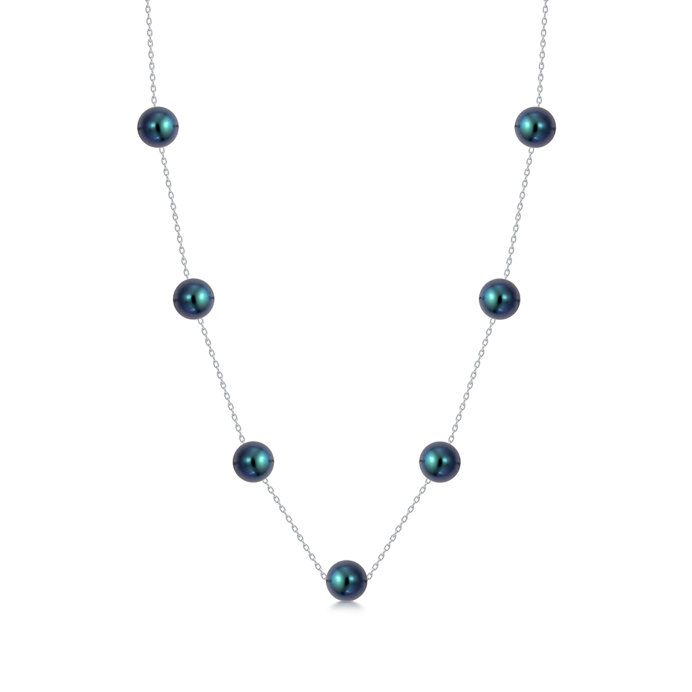 Цепочка из белого золота 585 пробы с черными жемчужинами Акойя 7,5-8 мм. Артикул 12603