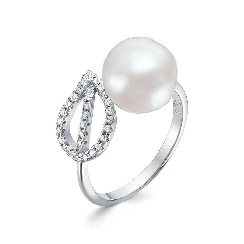 Кольцо из серебра 925 пробы с белой барочной жемчужиной 10-11 мм. Артикул 11536