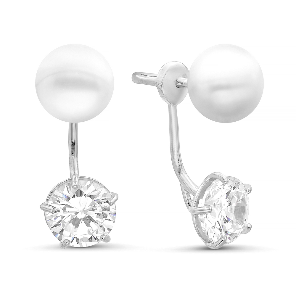 Двойные пусеты "Dior" из серебра с белыми жемчужинами 9,5-10 мм. Артикул 10383 Двойные пусеты "Dior" из серебра с белыми жемчужинами 9,5-10 мм. Артикул 10383