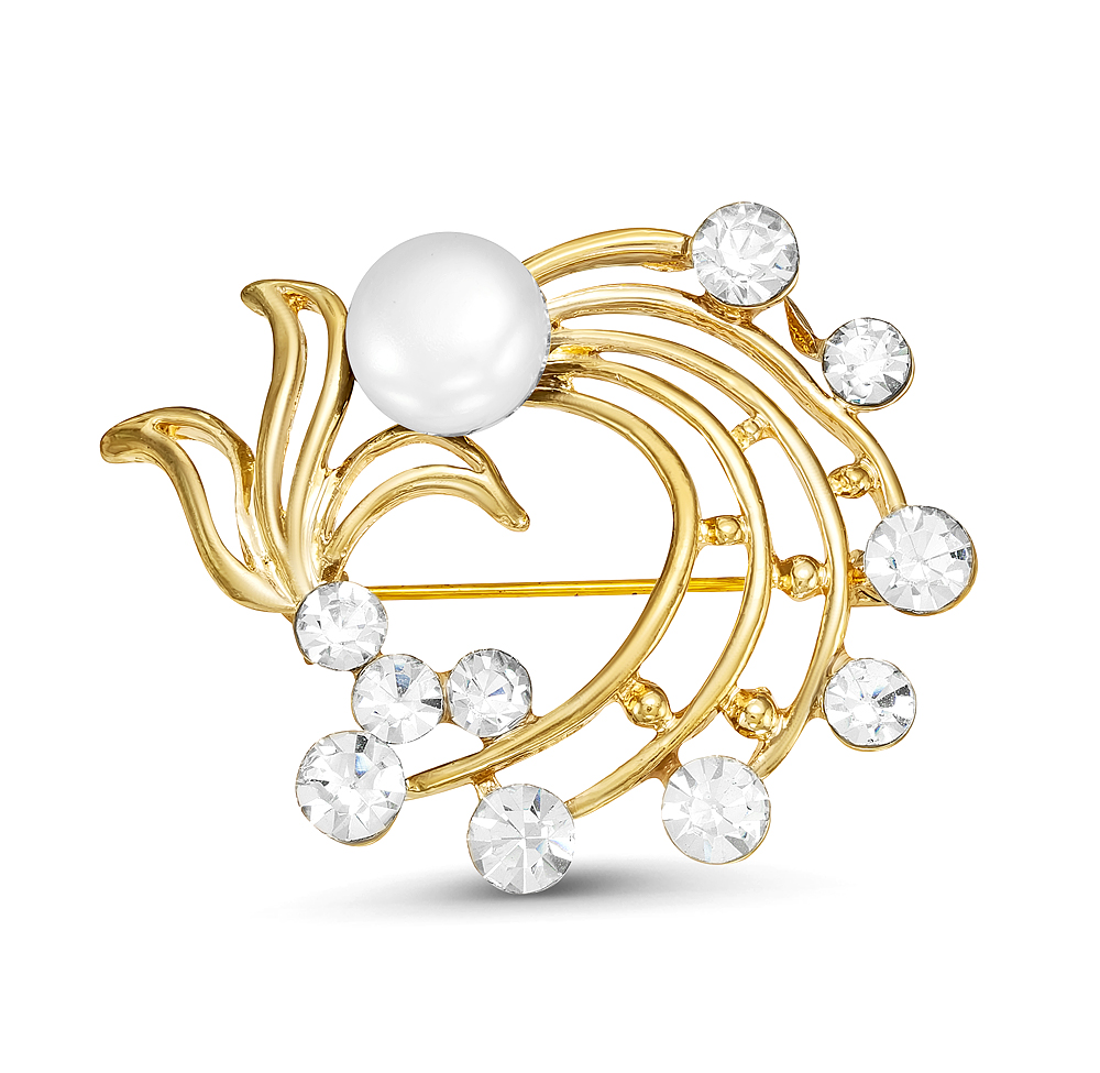 Брошь из сплава с белой жемчужиной 9,5 мм. Артикул 12151