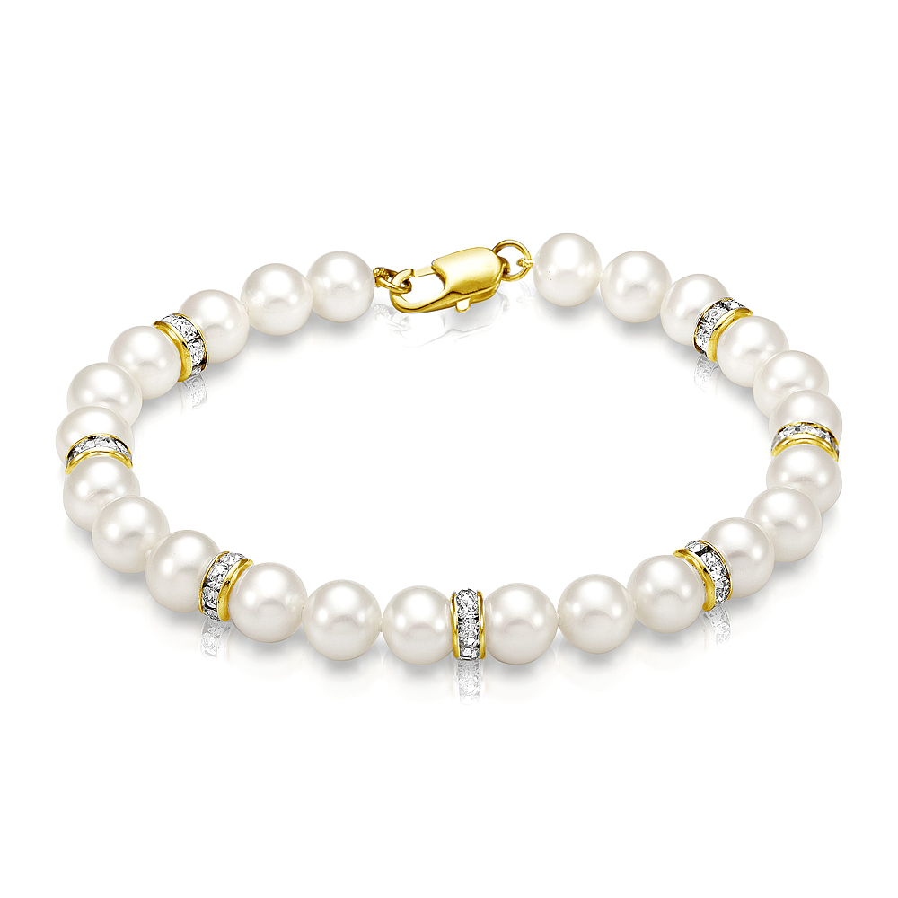 Браслет со стразами из белого речного жемчуга 8-8,5 мм. Качество жемчуга наивысшее ААА. Артикул 9321