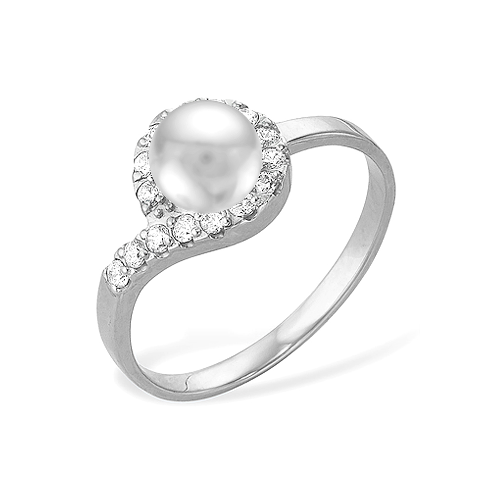 Кольцо из белого золота 585 пробы с белой жемчужиной 6-6,5 мм. Артикул 12058