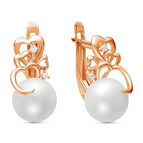 Серьги из красного золота с белыми жемчужинами 7,5-8 мм. Артикул 10099