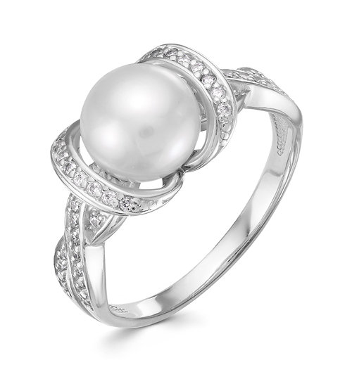 Кольцо из белого золота 585 пробы с белой жемчужиной 9,5-10 мм. Артикул 9708