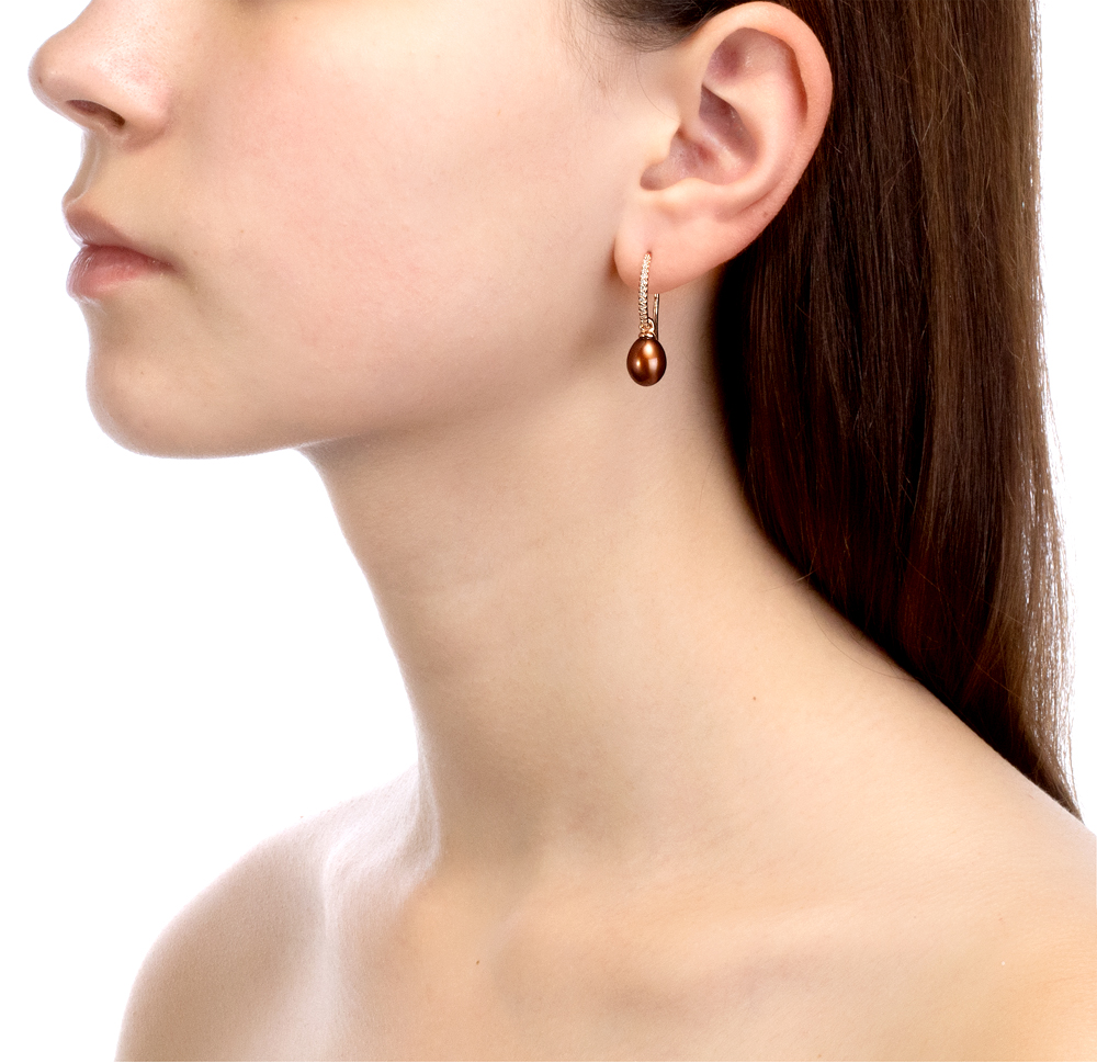 Серьги из серебра с шоколадными жемчужинами 8,5-9 мм. Артикул 10809