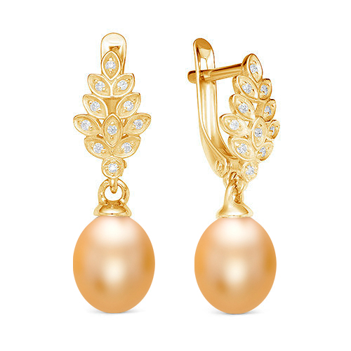 Серьги из серебра с золотистыми жемчужинами "капля" 8-8,5 мм. Артикул 12545