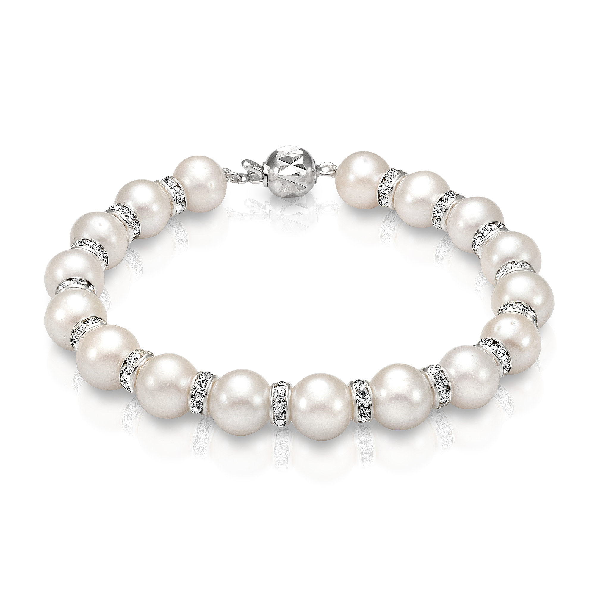 Браслет со стразами из белого речного жемчуга 8-8,5 мм. Качество жемчуга наивысшее ААА. Артикул 9381