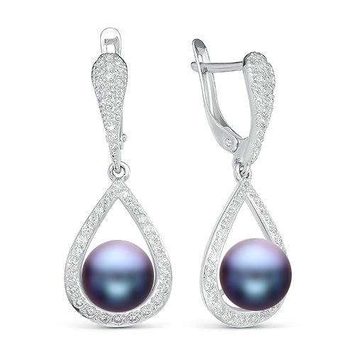 Серьги из серебра с черными жемчужинами 8,5-9 мм. Артикул 11340